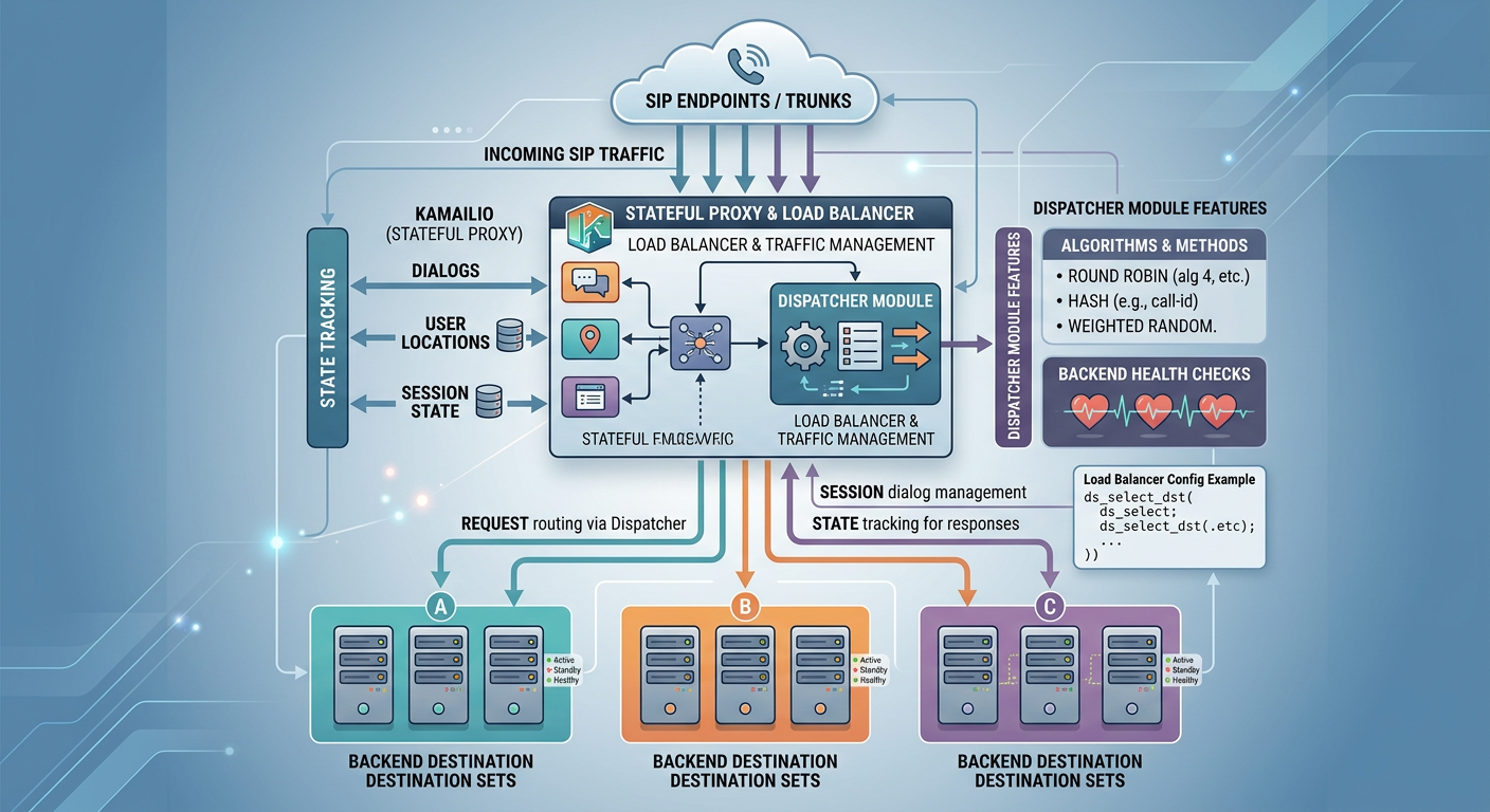 Illustration for Kamailio as a Stateful Proxy and Load Balancer: Dispatcher Module Configuration