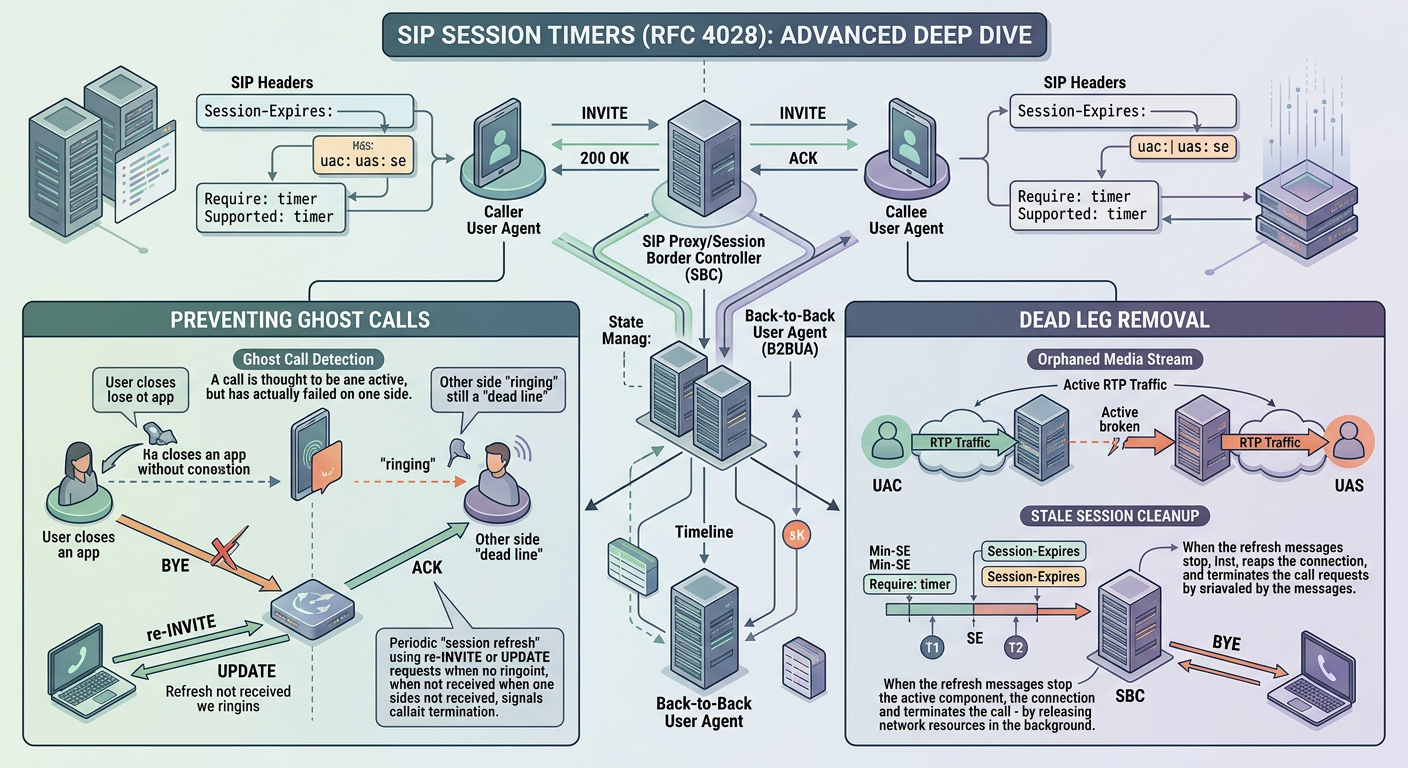 Illustration for SIP Session Timers (RFC 4028) Deep Dive: Preventing Ghost Calls and Dead Leg Removal