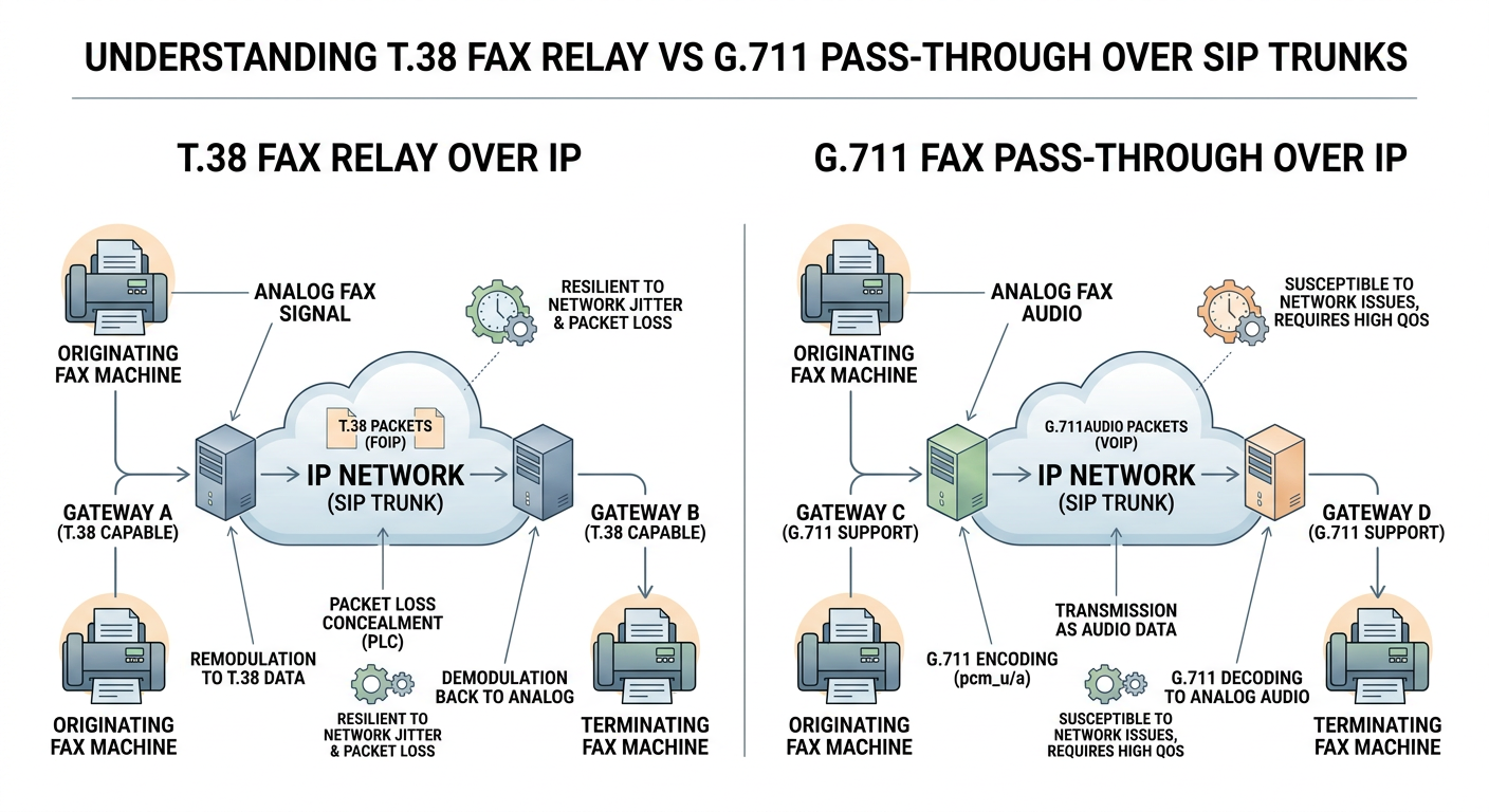 Illustration for Understanding T.38 Fax Relay vs G.711 Pass-Through over SIP Trunks