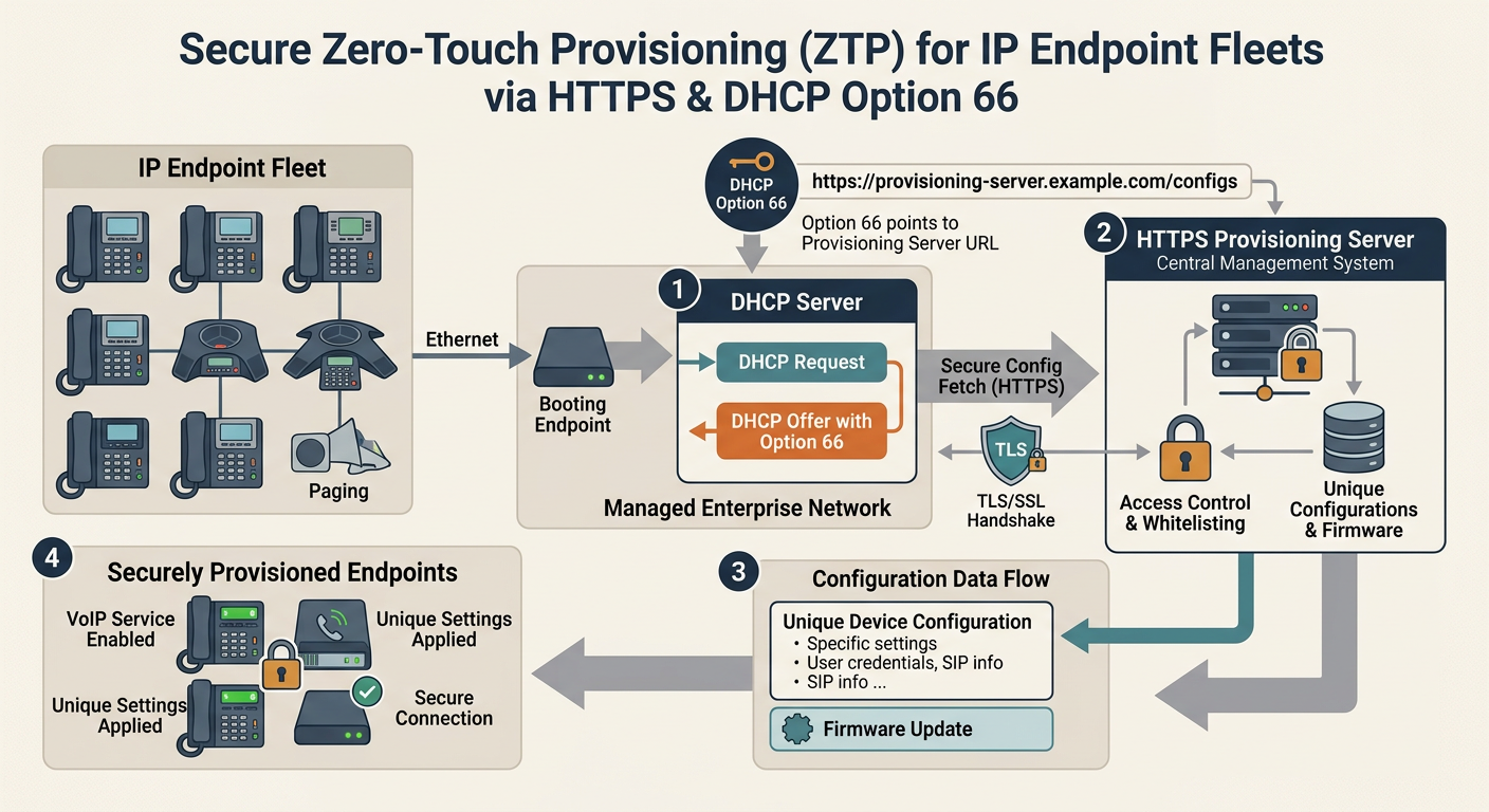 Illustration for Secure Zero-Touch Provisioning for IP Endpoint Fleets via HTTPS and DHCP Option 66