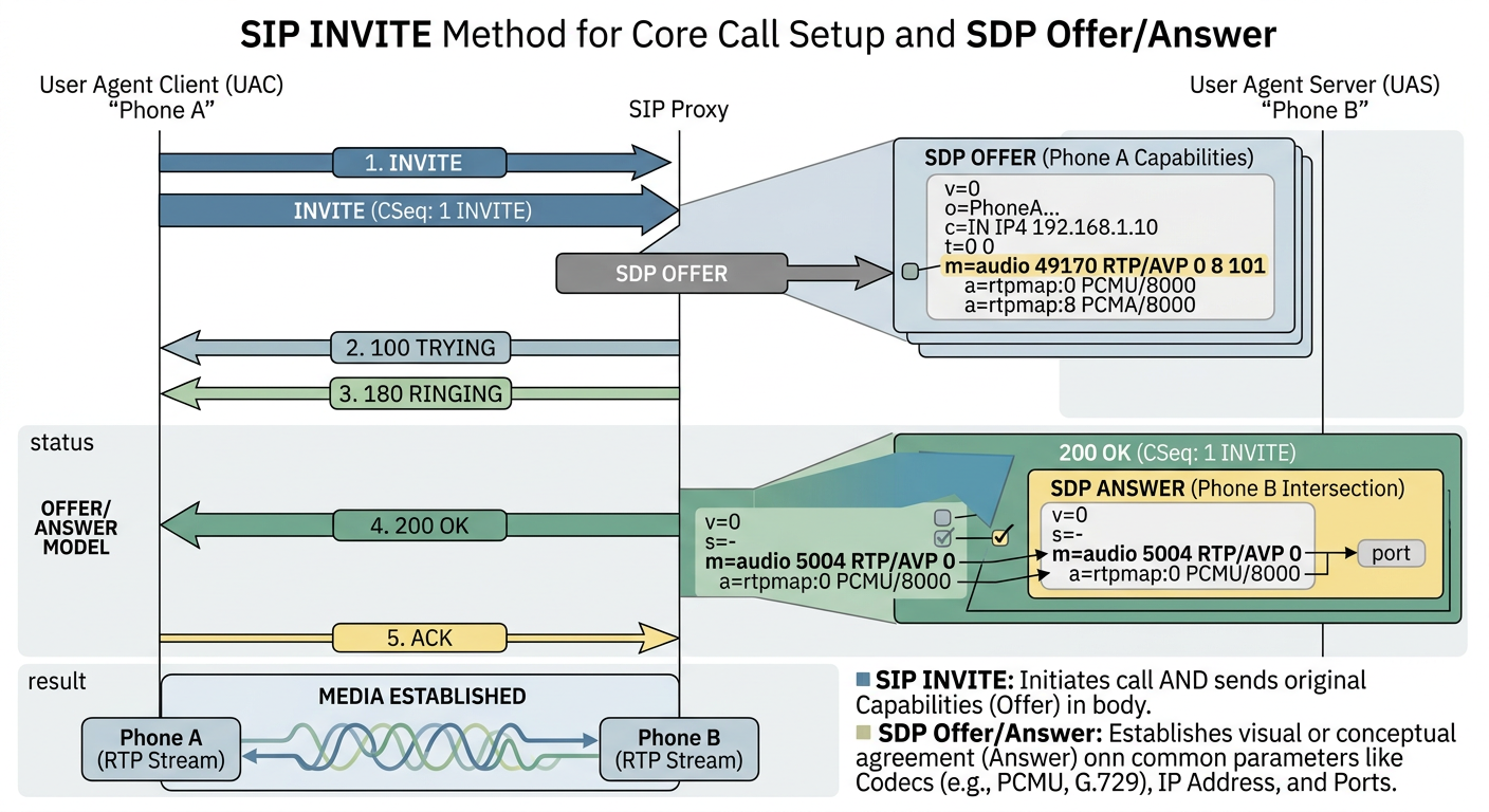 Illustration for Understanding the SIP INVITE Method: Core Call Setup and SDP Offer/Answer